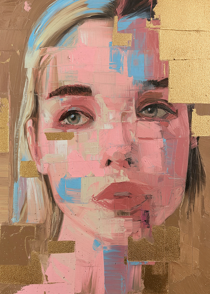 Abstract Portrait Painting with Gold Accents