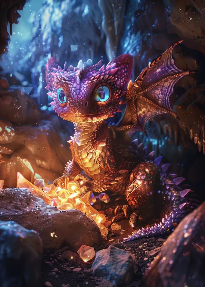 Cute Dragon with Crystals in Cave