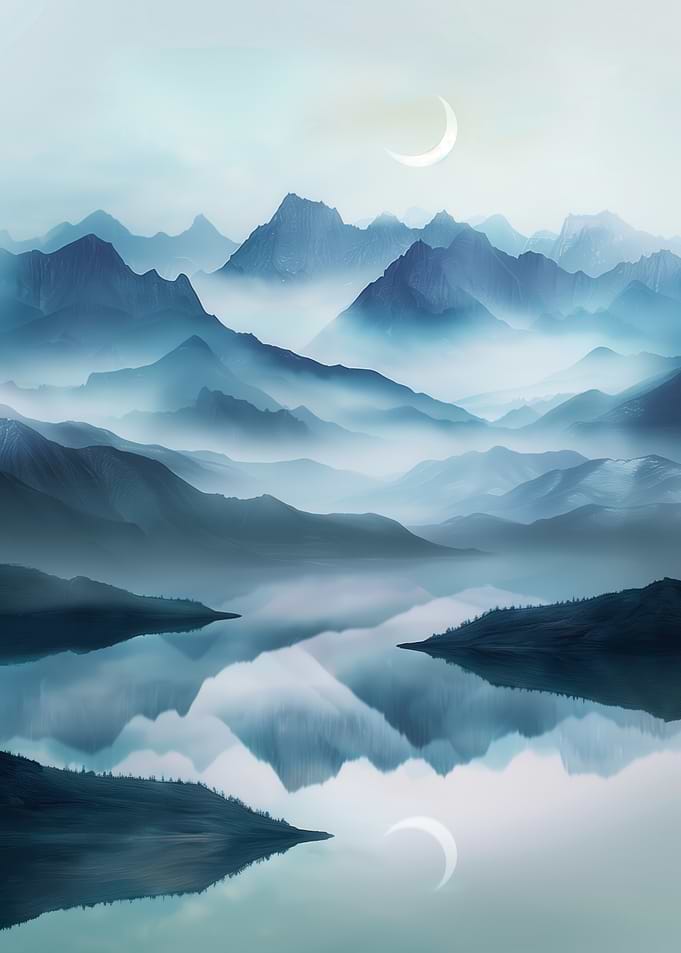 Misty Blue Mountain Lake Reflection
