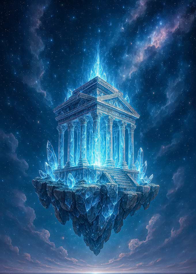 Fantasy Floating Crystal Temple in Starry Sky