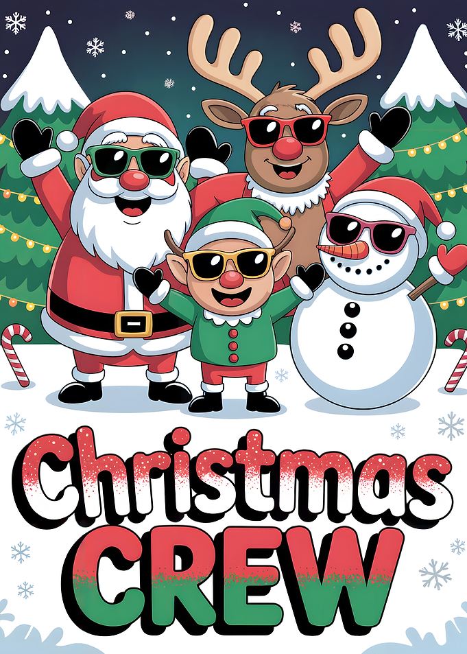 Christmas Crew Cartoon with Santa and Friends