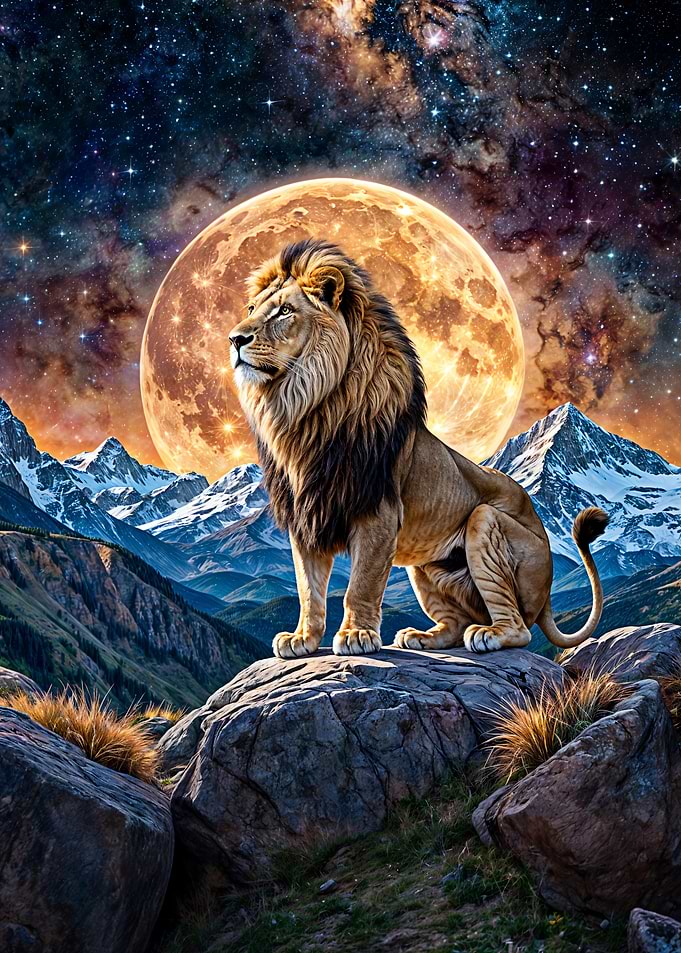 Lion on Rock with Moon and Stars