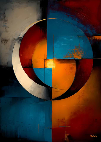 Abstract Circular Balance – Blue, Orange & Ivory Geometry