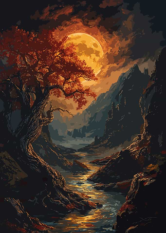 Digital Painting of Landscape with Moonlit River