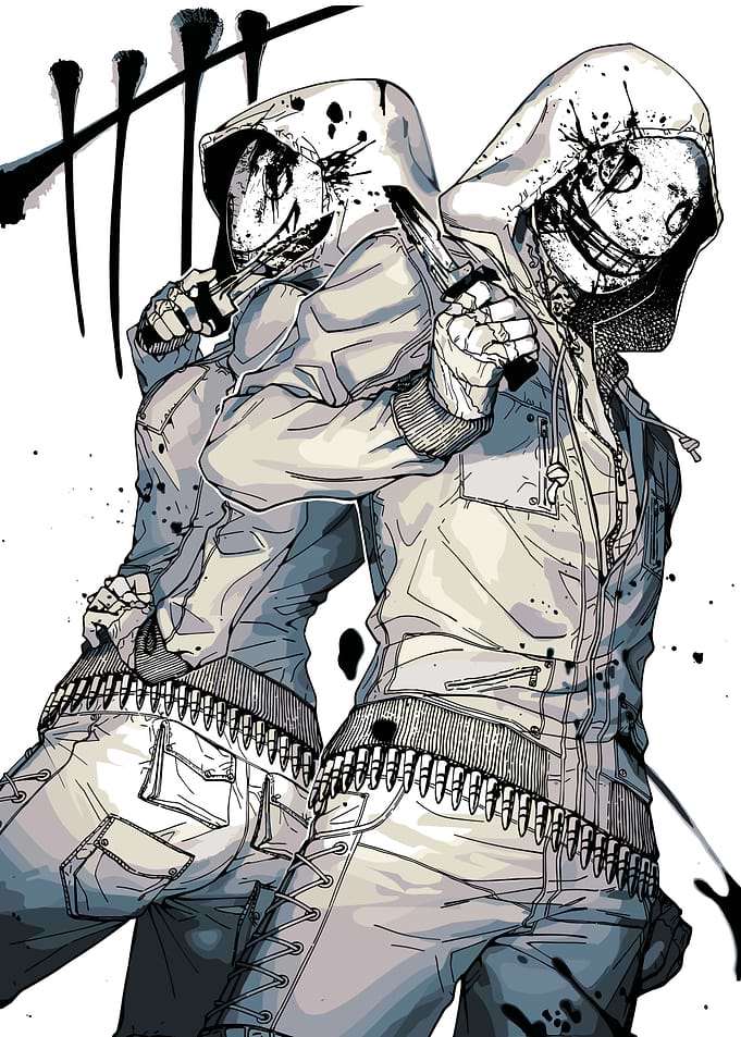 Hooded Figures with Masks and Knives