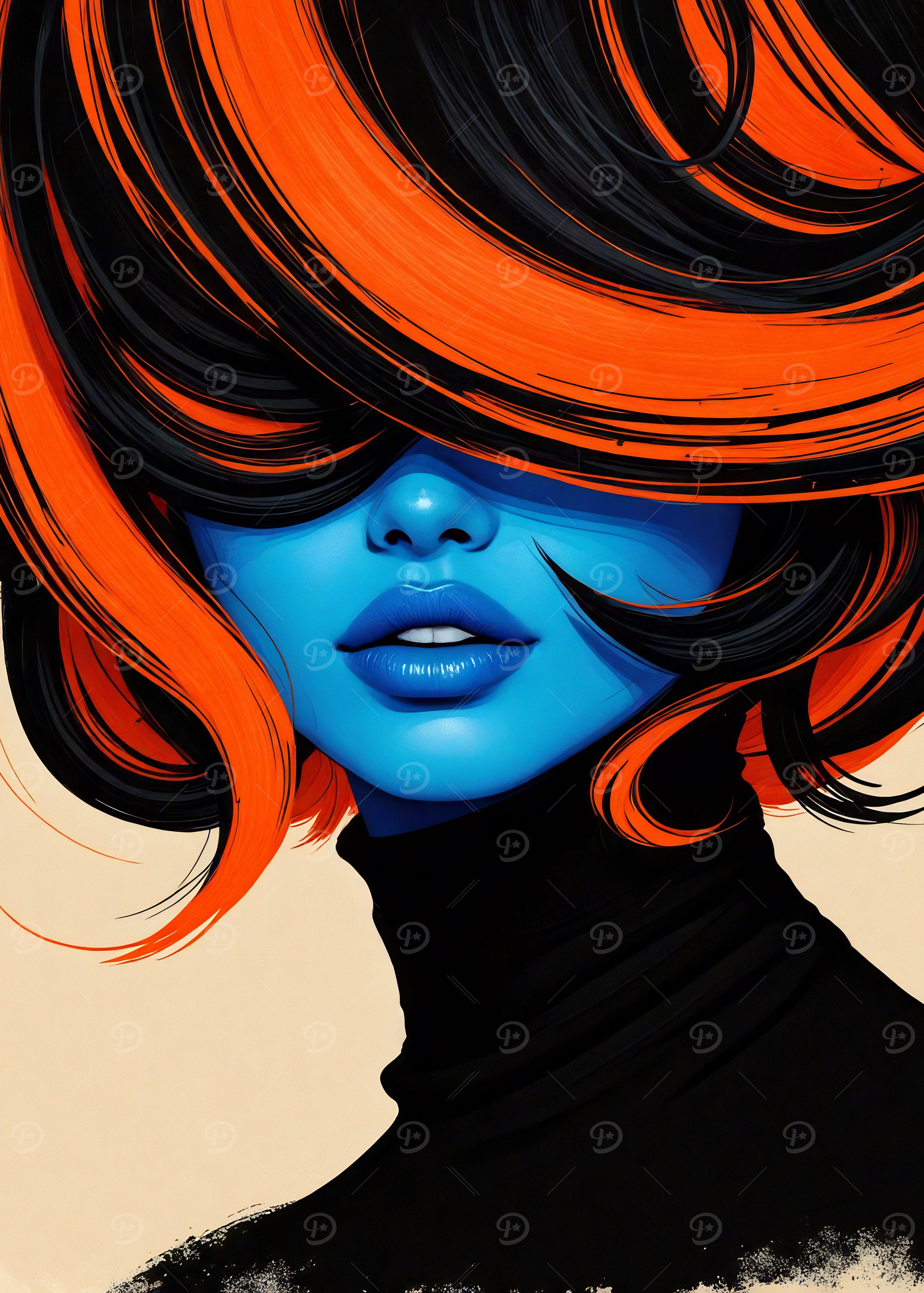 Blue-skinned woman with orange and black hair
