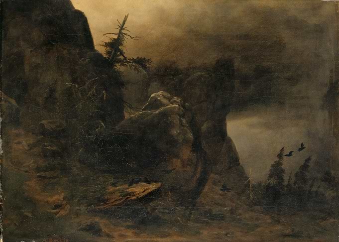 Gloomy Mountain Landscape Painting with Birds