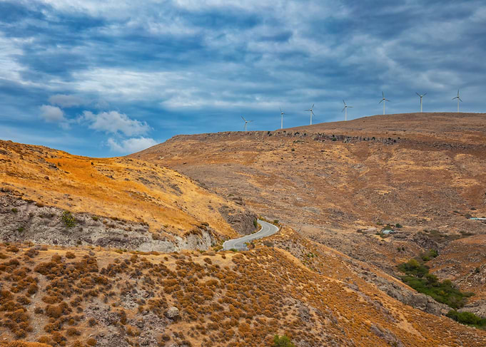 Wind Turbines on Golden Hills Landscape, Lesbos