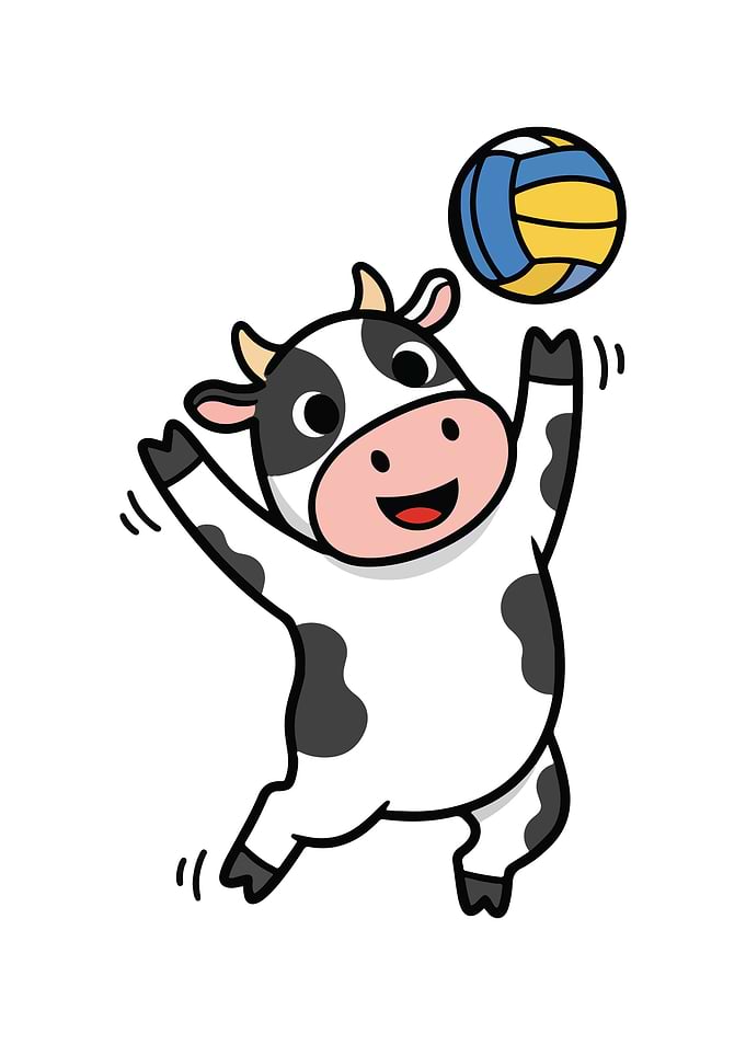 Cartoon Cow Playing Volleyball