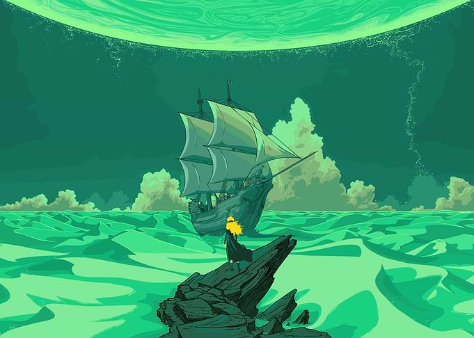 Green Seascape with Ship and Figure