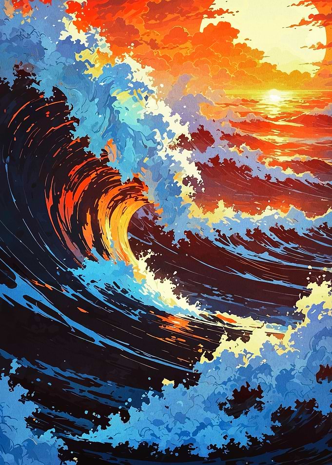 Ocean Wave at Sunset Painting