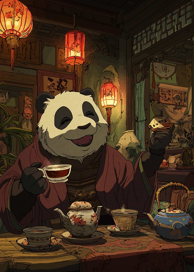 Panda enjoying tea in a tea house