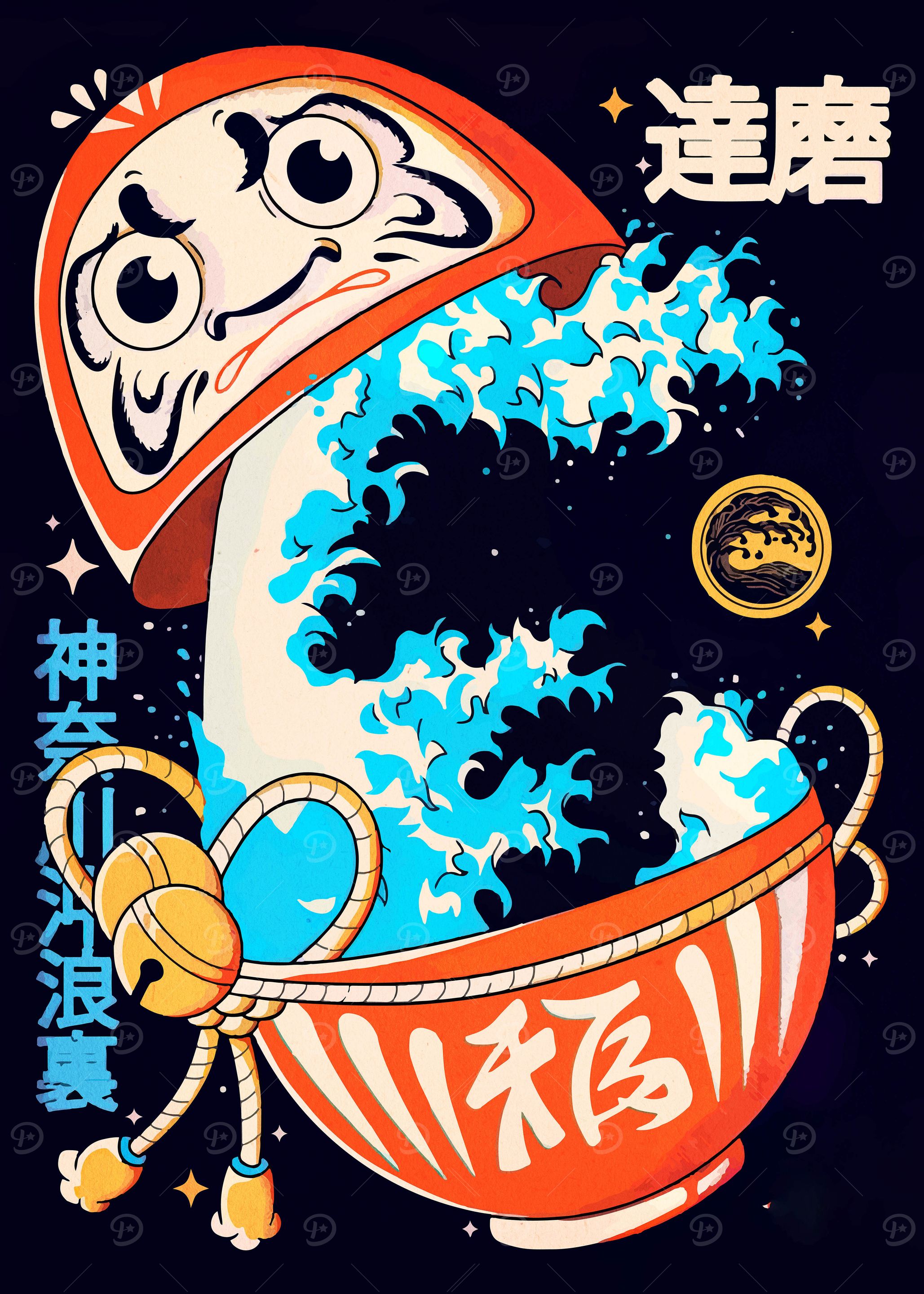 Daruma Doll with Wave Art