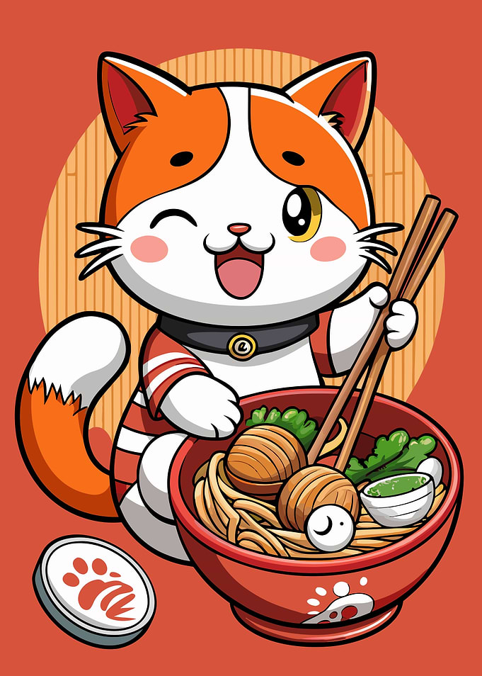Cute Cat Eating Ramen Illustration