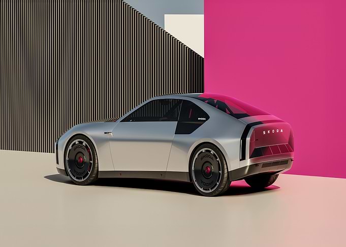 Silver Skoda Car with Pink Background
