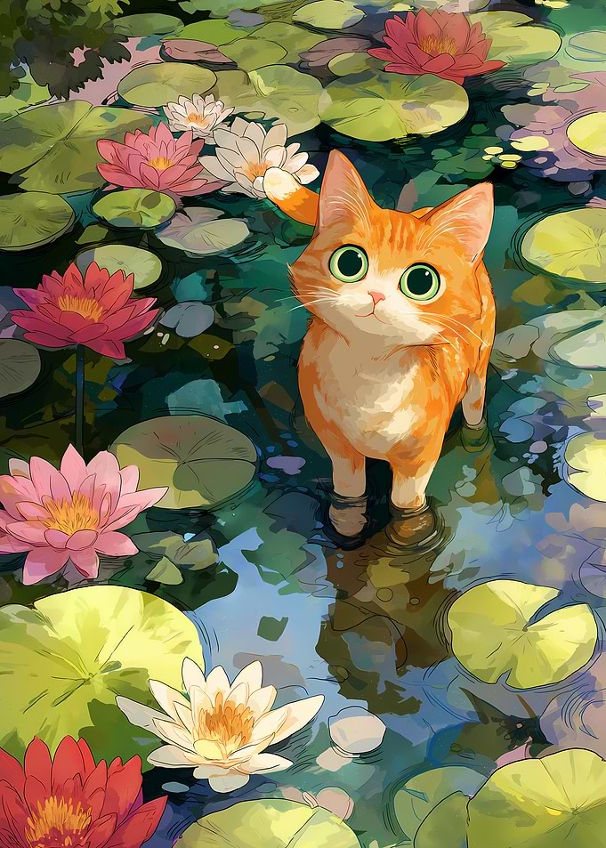 Ginger Cat in Lily Pond