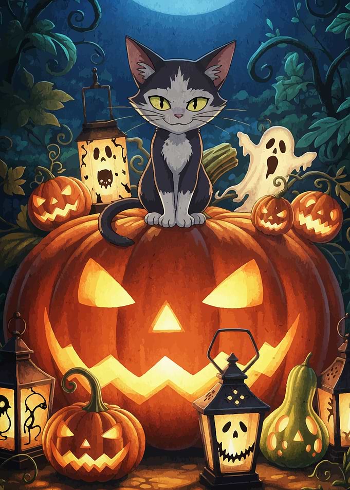 Halloween Cat on Pumpkin