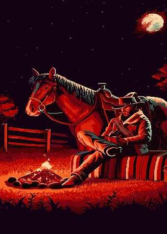 Cowboy with Horse by Campfire Pixel Art