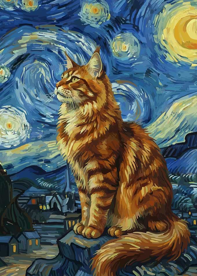 Cat in Starry Night Style Painting