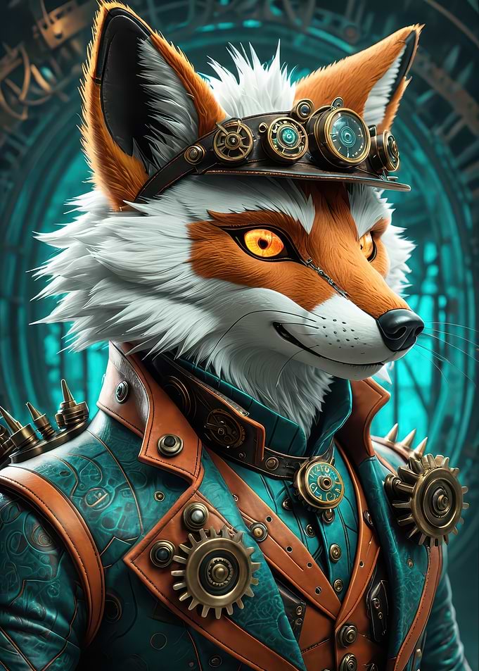 Steampunk Fox Inventor Portrait — Anthropomorphic Fox with Gears & Goggles