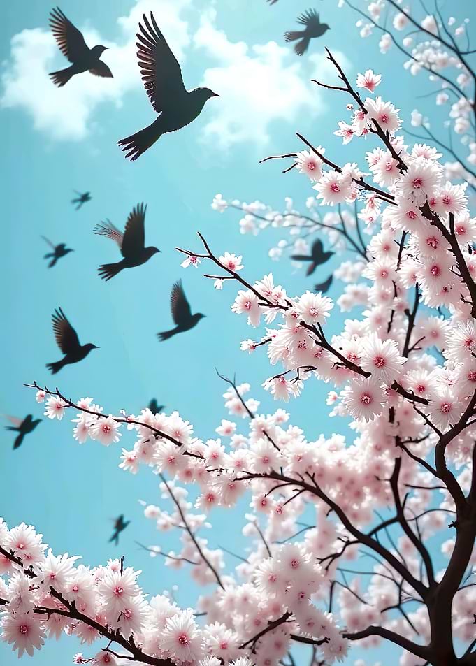 Cherry Blossoms and Birds in Flight