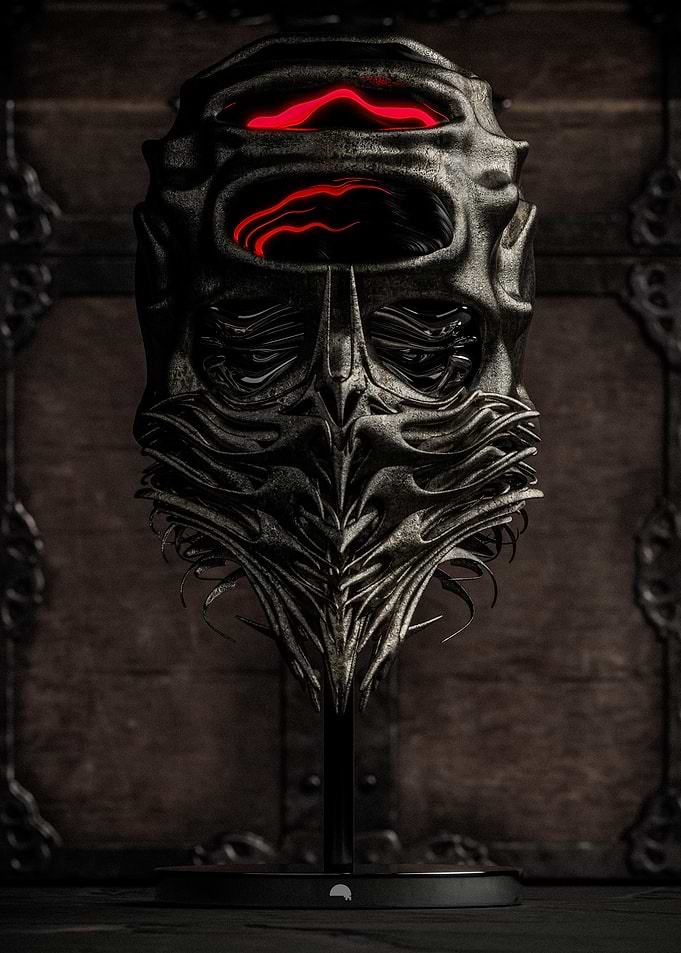 Ornate Dark Helmet with Red Lights