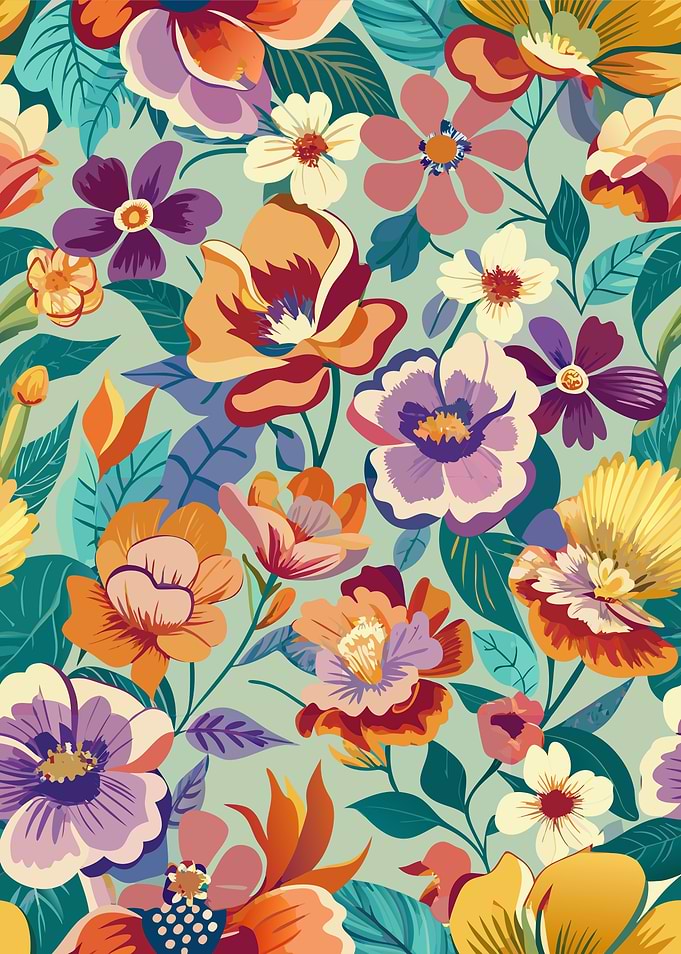 Colorful Floral Pattern on Light Green Background