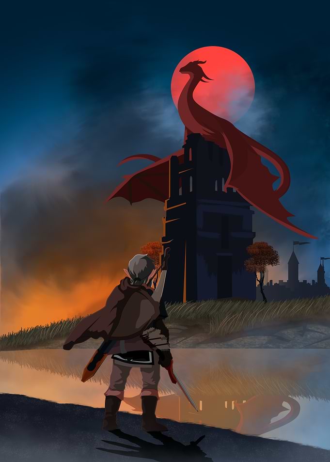 Fantasy Warrior and Dragon Illustration