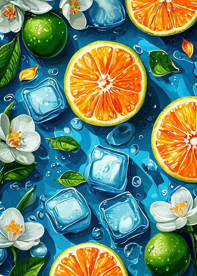 Citrus, Ice Cubes, and Floral Arrangement