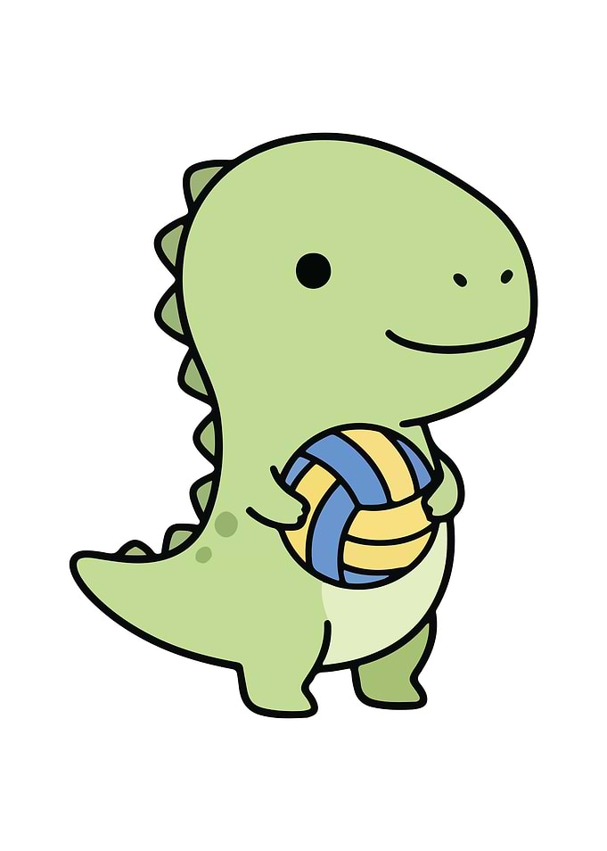 Cartoon Dinosaur Holding Volleyball