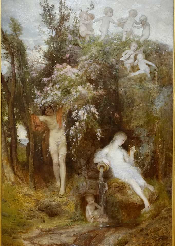 Nymphs and Satyr in a Landscape Painting
