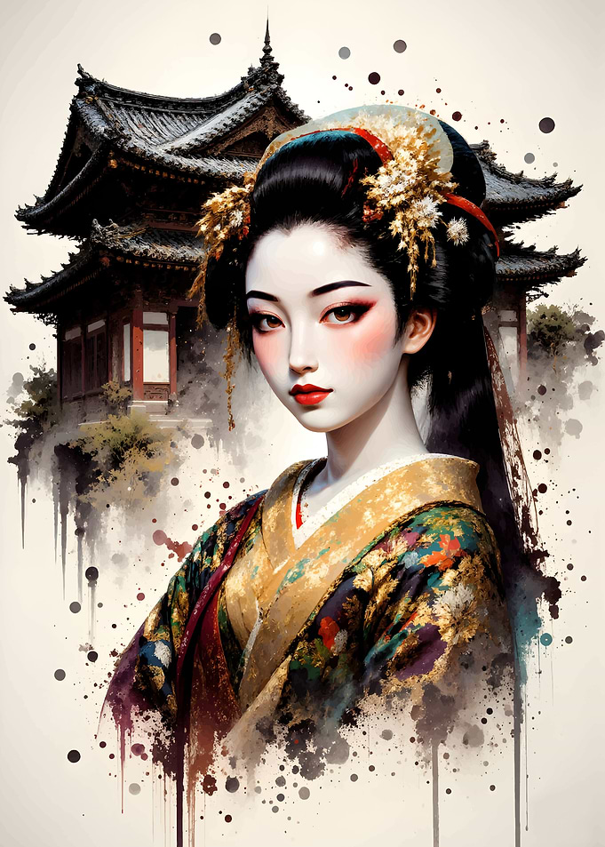 Geisha Portrait with Temple Background