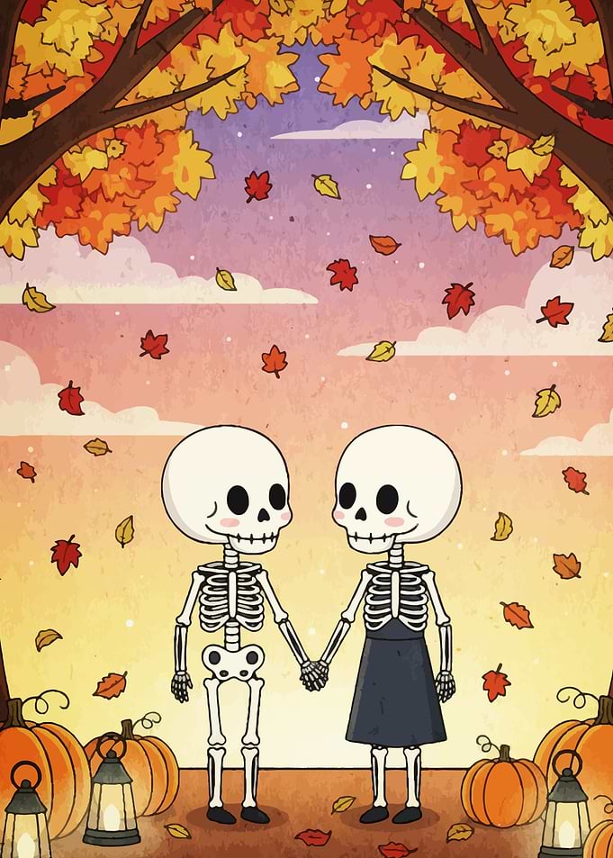 Skeleton Couple in Autumn Landscape