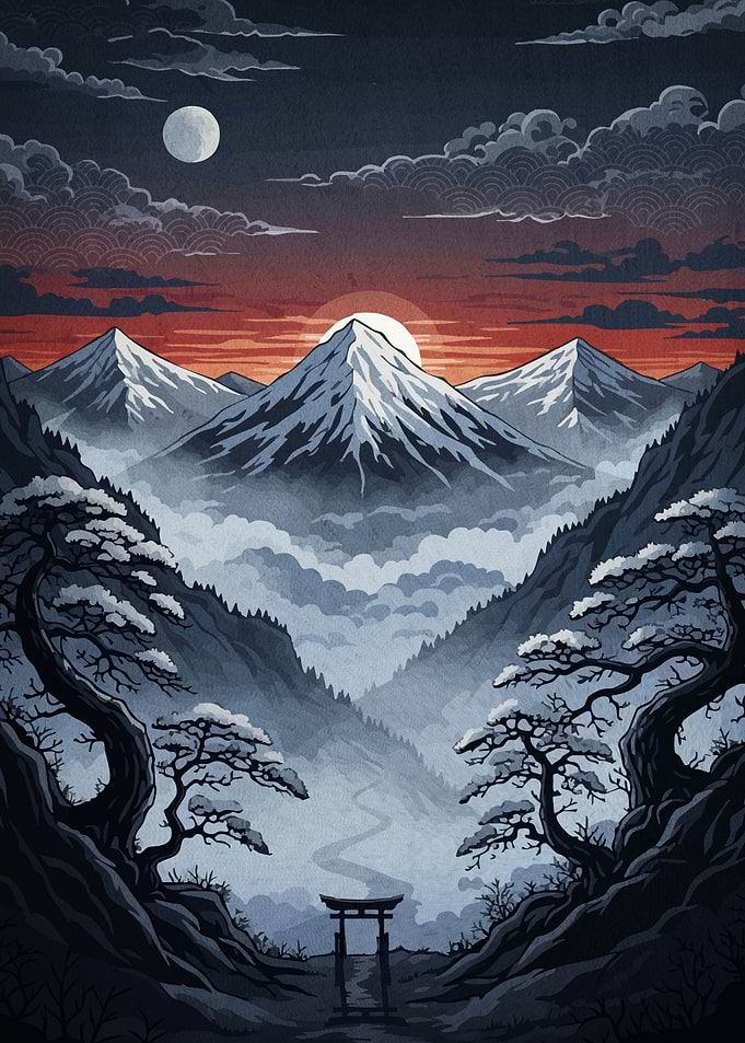 Japanese Mountain Landscape Torii Gate