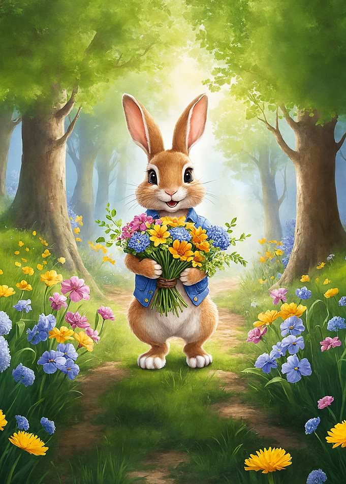 Rabbit with Flowers in Forest