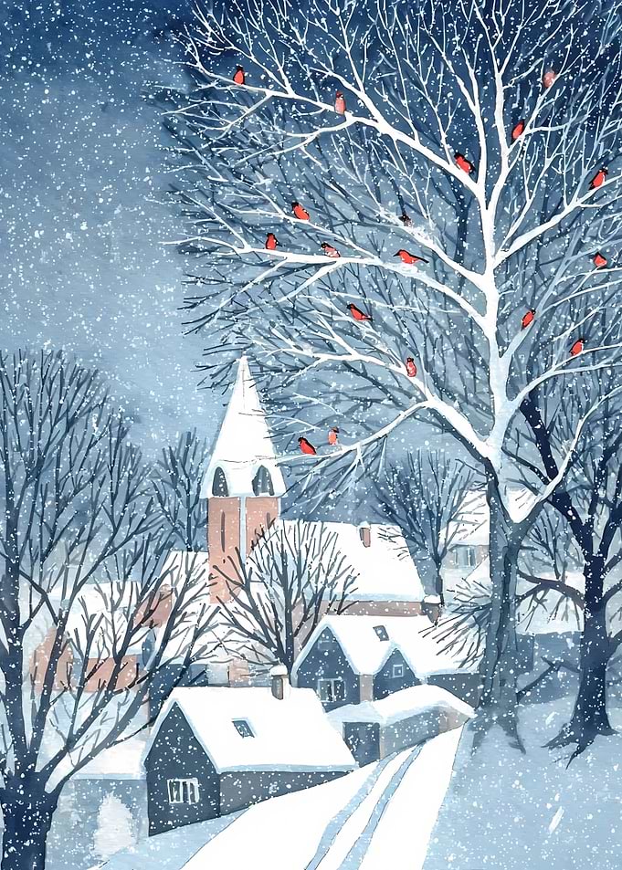 Winter Village with Birds and Snow
