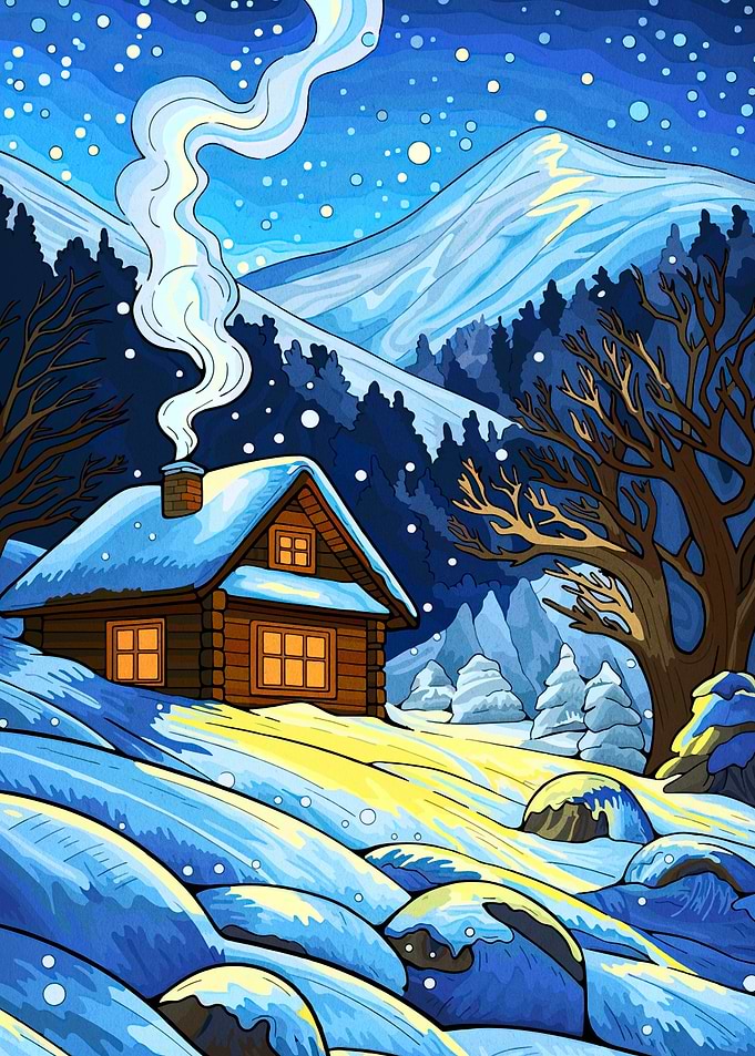 Winter Cabin in Snowy Mountains