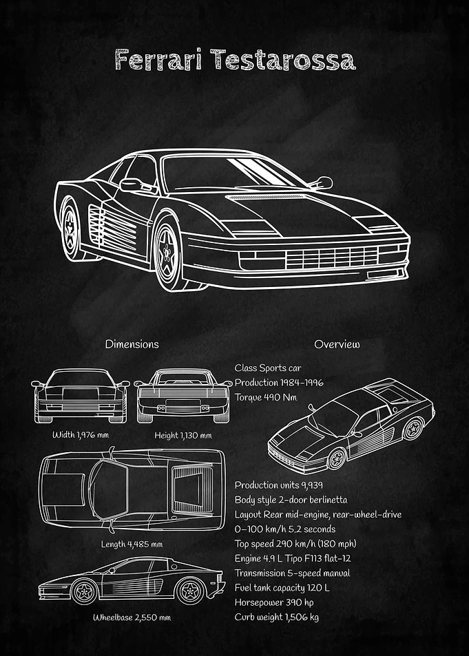 Ferrari Testarossa Blueprint on Black Background