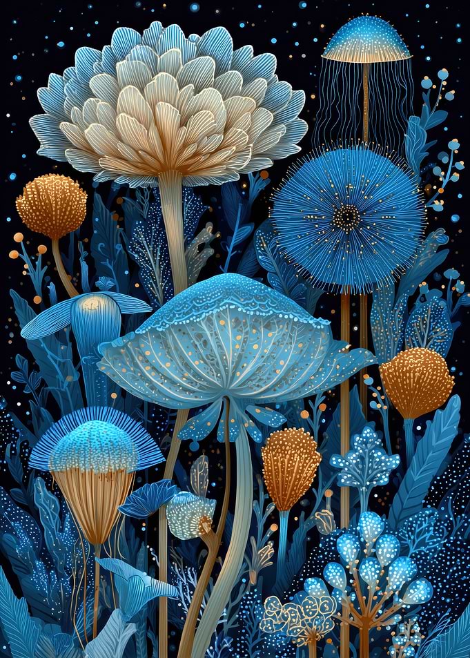 Fantasy Mushroom Garden in Blue and Gold