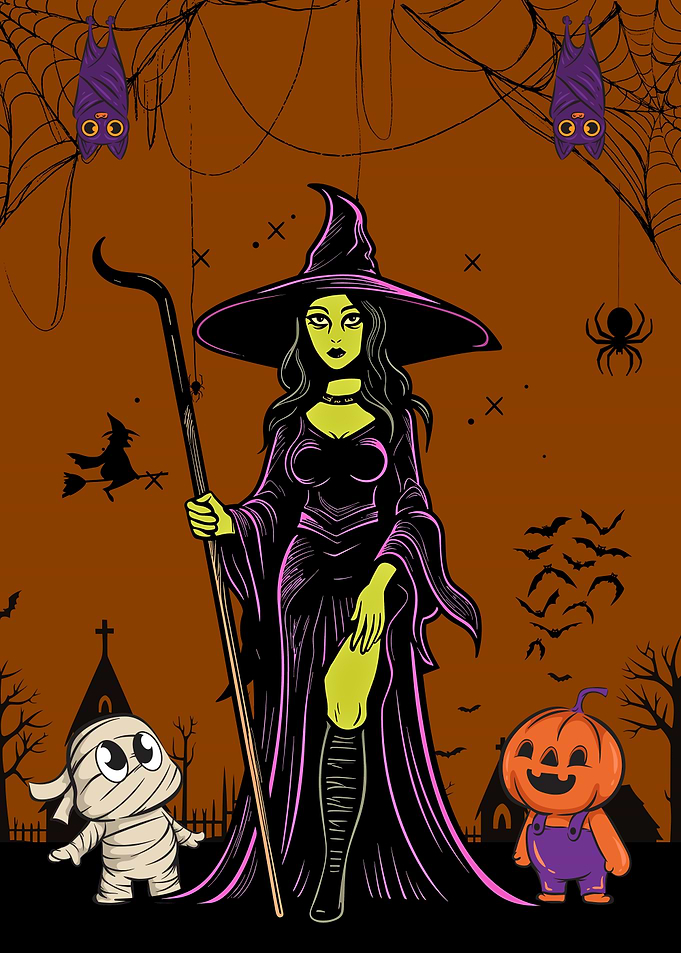 Halloween Witch with Mummy and Pumpkin