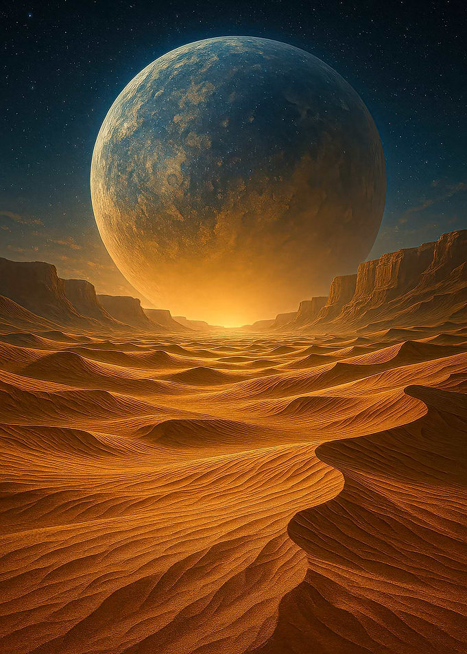 Fantasy Desert Planet Landscape with Large Moon
