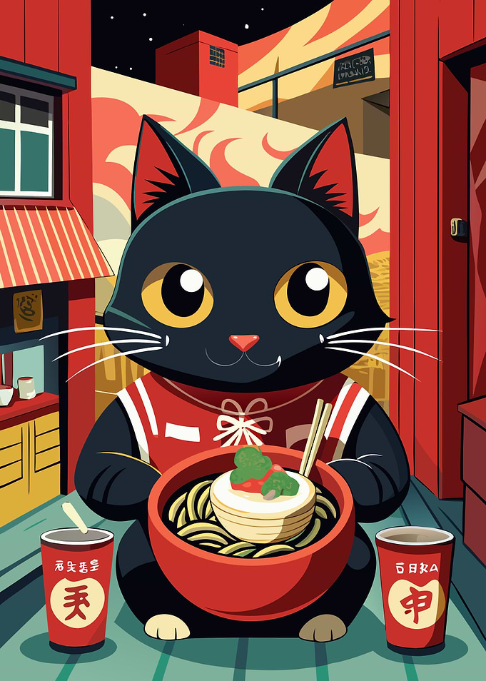 Cat with Ramen Bowl in Cityscape