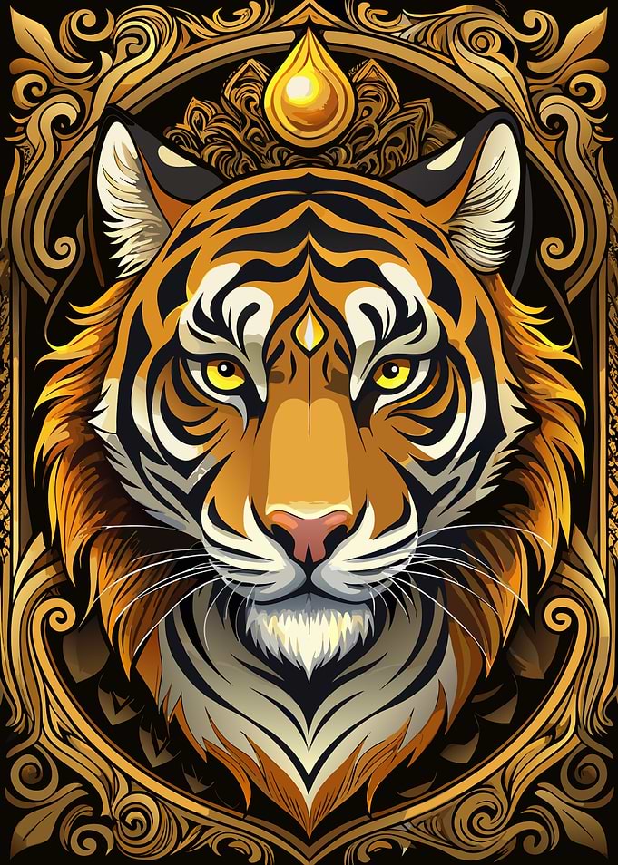 Tiger Portrait with Golden Ornate Frame