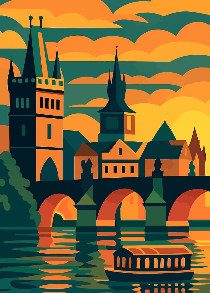 Stylized Prague cityscape illustration