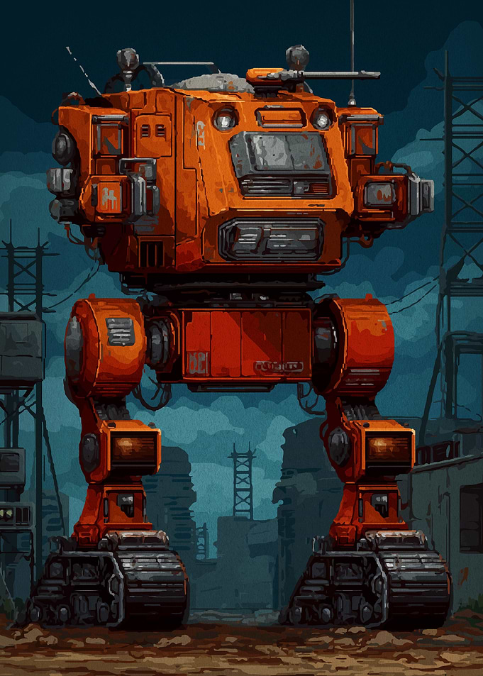 Orange Mech in Post-Apocalyptic Cityscape
