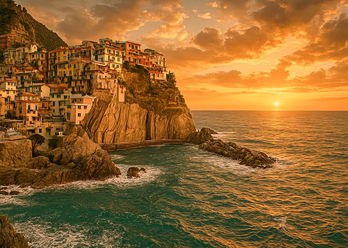 Landscape Coastal Village at Sunset