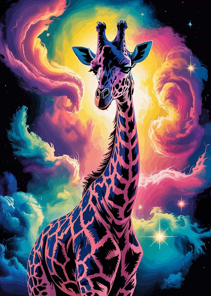 Colorful Giraffe in Cosmic Background