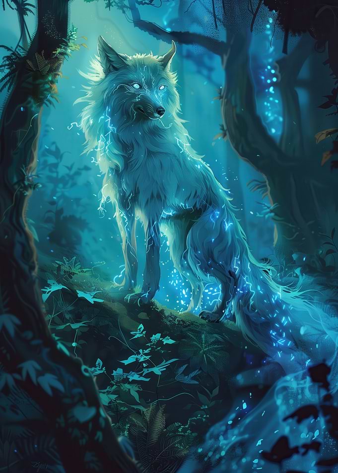 Mystical Blue Wolf in Enchanted Forest