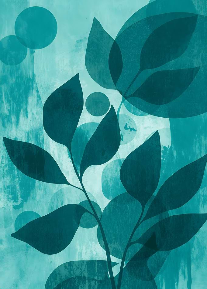 Teal Leaves and Circles Abstract Art - Modern Nature-Inspired Art