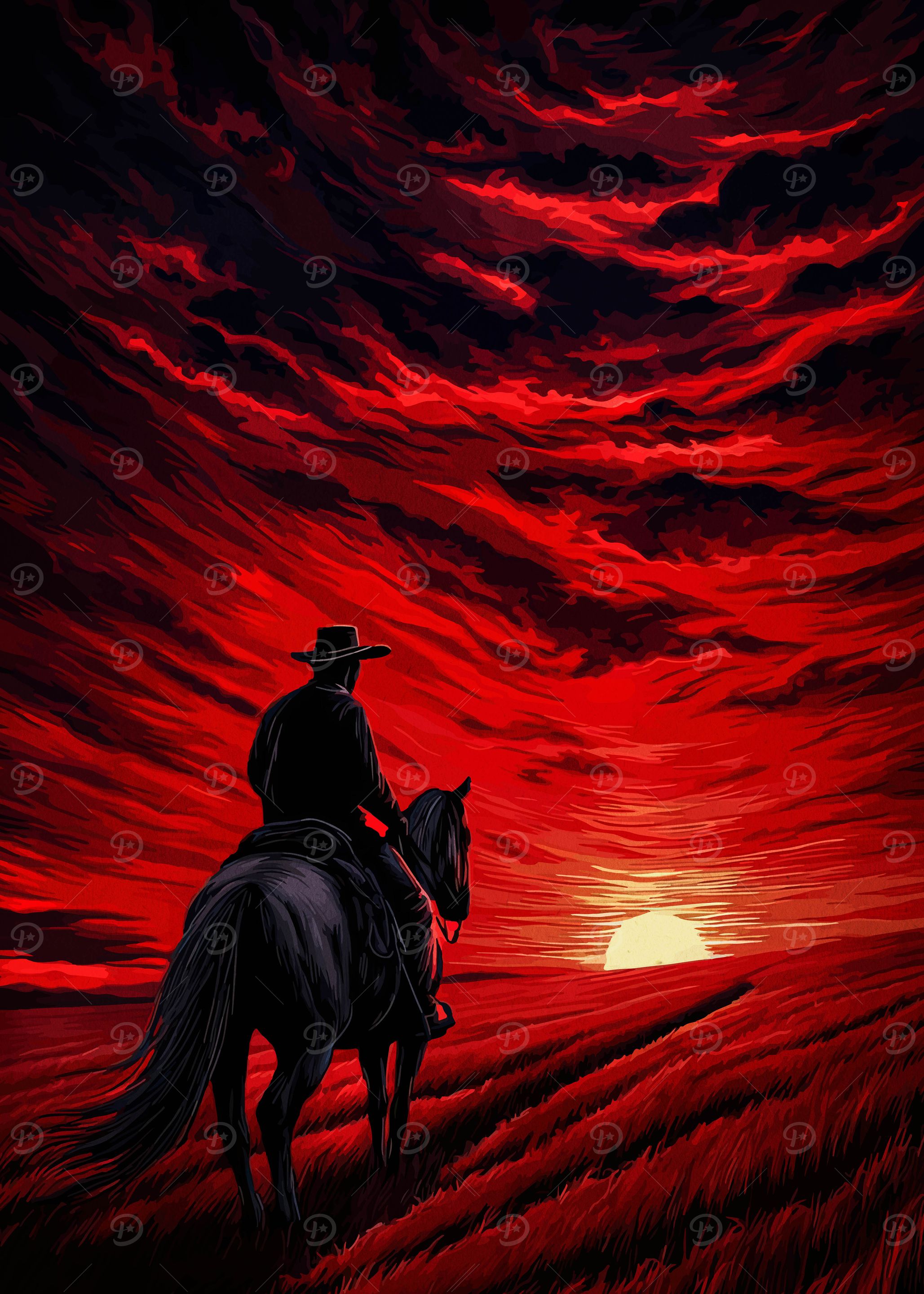 Cowboy on Horseback at Sunset